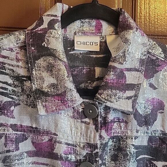 Chico's-Linen purple, silver, blk collared, button down front jkt. Size 2= M 12 - Picture 2 of 8